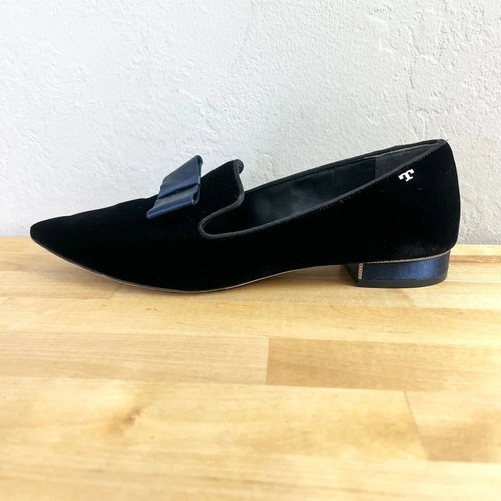 Tory Burch Loafers Gigi Navy Blue Velvet Bow Pointed Toe Slip On Flats Shoes 7.5